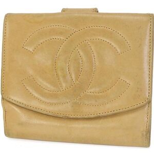 CHANEL Beige Lamb Skin Leather CC Compact Bifold Coin Case